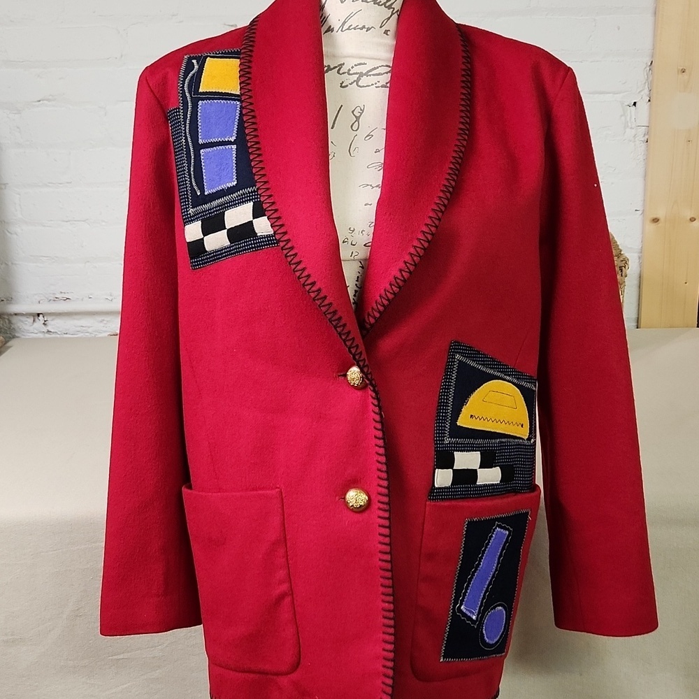 Vintage 80s Red Blazer Jacket - GeometricAbstract Appliqué - Size Small
